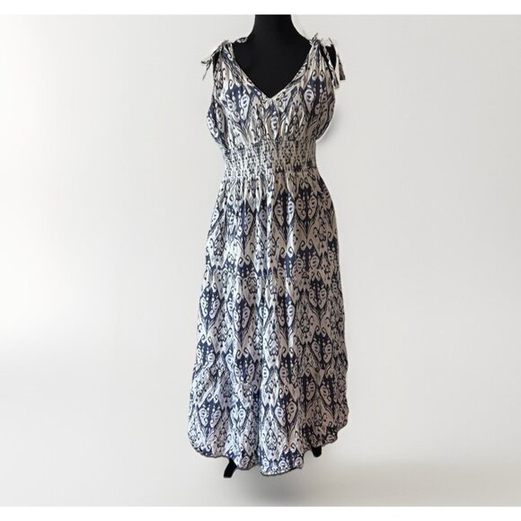 LA PLAGE Size Large Beaufort Strappy Maxi Dress Blue White Pockets Resort Boho - Picture 1 of 16